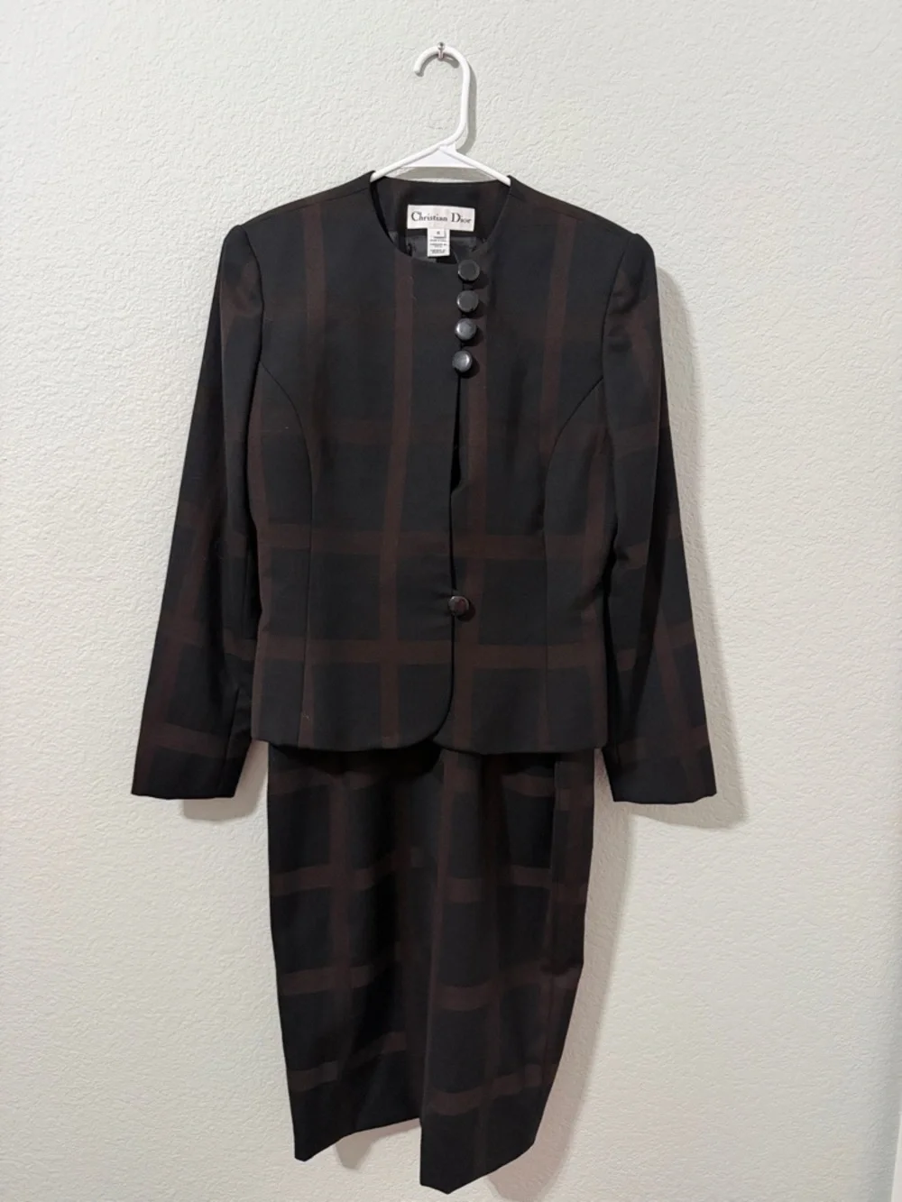 Vintage Christian Dior Plaid Suit Set Size 6Two-Piece Jacket & Skirt Dark Plaid